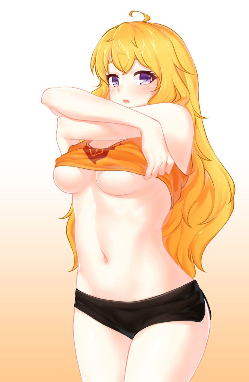 blonde_hair breasts long_hair narynn panties purple_eyes rwby shirt_lift short_shorts undressing yang_xiao_long