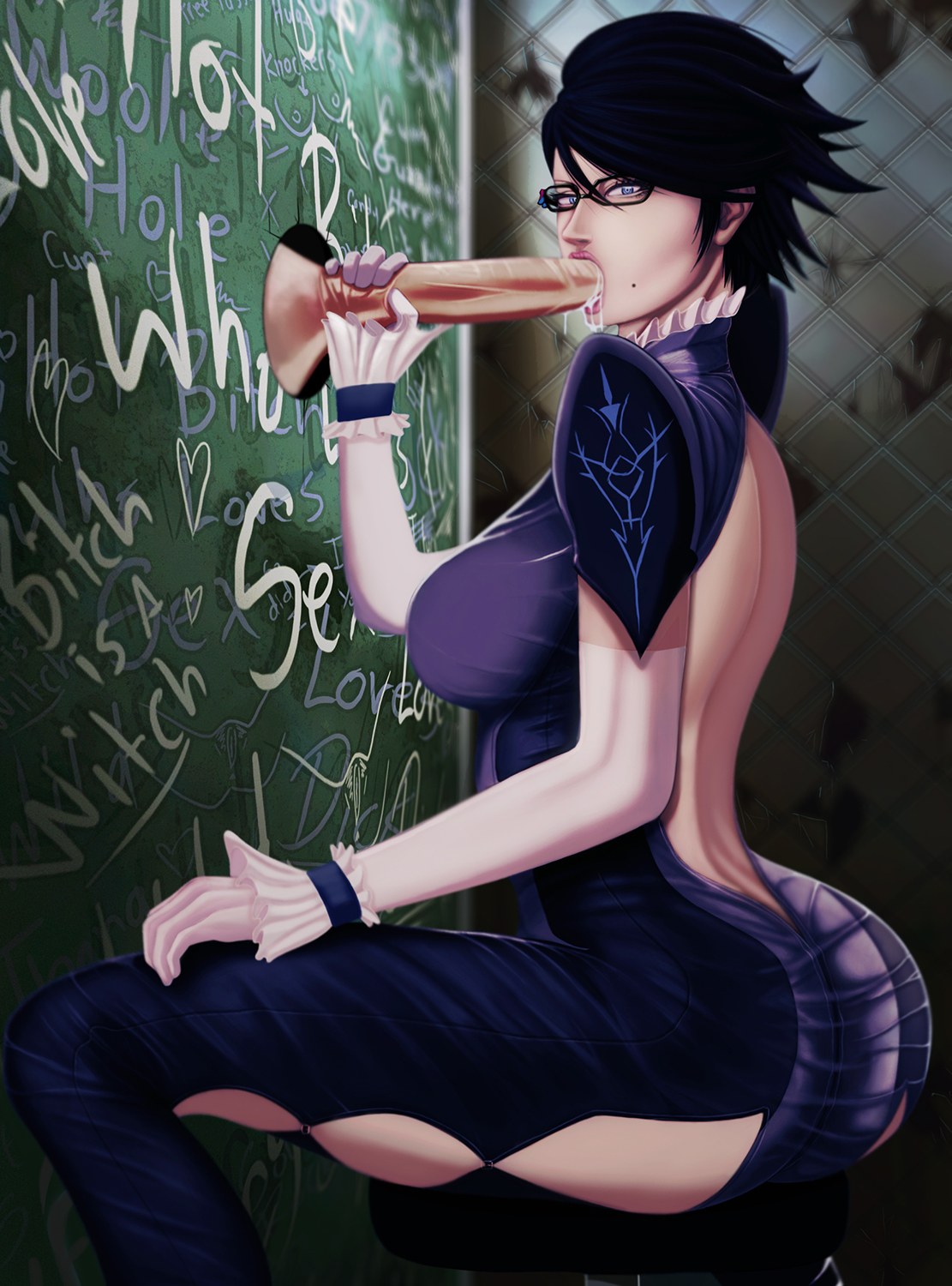1girls, adapted costume, ass, backless, bayonetta, bayonetta (character), bayonetta 2, black hair, blue eyes, bodysuit, cum, cum in mouth, fellatio, female, frills, glory hole, gloves, graffiti, looking at viewer, male, oral, short hair, solo focus, squatting, straight, unseen male face, white gloves, youngjaerome