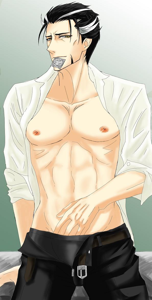 1boy abs clothing condom male_only matsunaga_hisahide multicolored_hair muscle naughty_face sengoku_basara solo tagme underwear undressing yaoi yellow_eyes