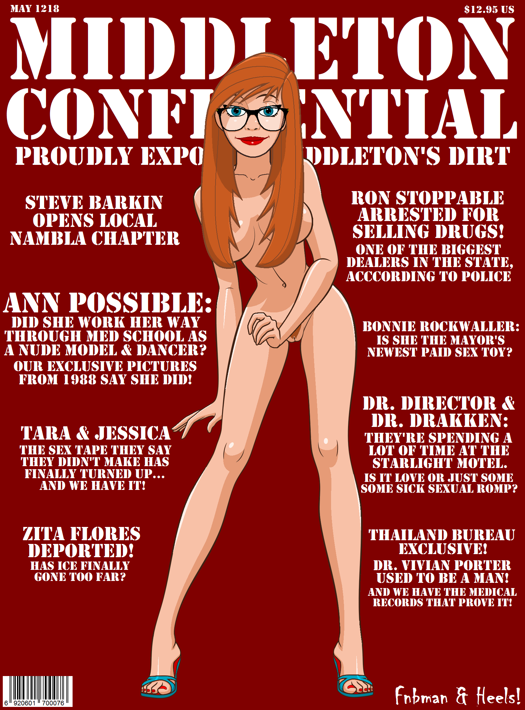 1girls ann_possible artist_name bare_shoulders big_breasts blue_eyes busty cleavage curvy disney english_text eyeliner female female_only fnbman front_view glasses hairy_pussy high_heels hourglass_figure human kim_possible lipstick long_hair looking_at_viewer magazine_cover makeup mature milf mother naked nude open_toe_shoes orange_hair pubes pubic_hair pussy red_lipstick shadow shiny shiny_skin simple_background solo spread_legs spreading standing straight_hair text voluptuous wide_hips