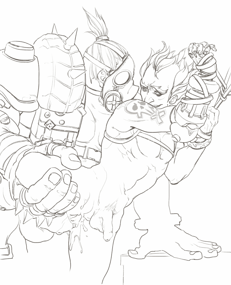 cum duo fat fingerless_gloves gas_mask gloves junkrat male_only mask mechanical_arm monochrome multiple_boys nude overwatch peg_leg penis roadhog short_hair sketch spikes tattoo thick_eyebrows white_background yaoi yukiuy