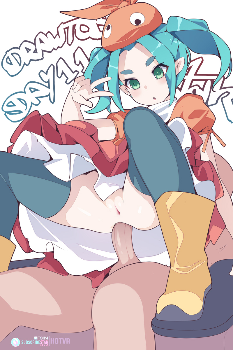 1boy :o anal aqua_hair blue_thighhighs boots clothed_female_nude_male commentary english_commentary female green_eyes hat highres hot_vr monogatari_(series) nude ononoki_yotsugi orange_hat penis pixiv_username pointy_ears pussy sex short_hair short_sleeves simple_background subscribestar_logo subscribestar_username thighhighs twintails uncensored w white_background yellow_footwear