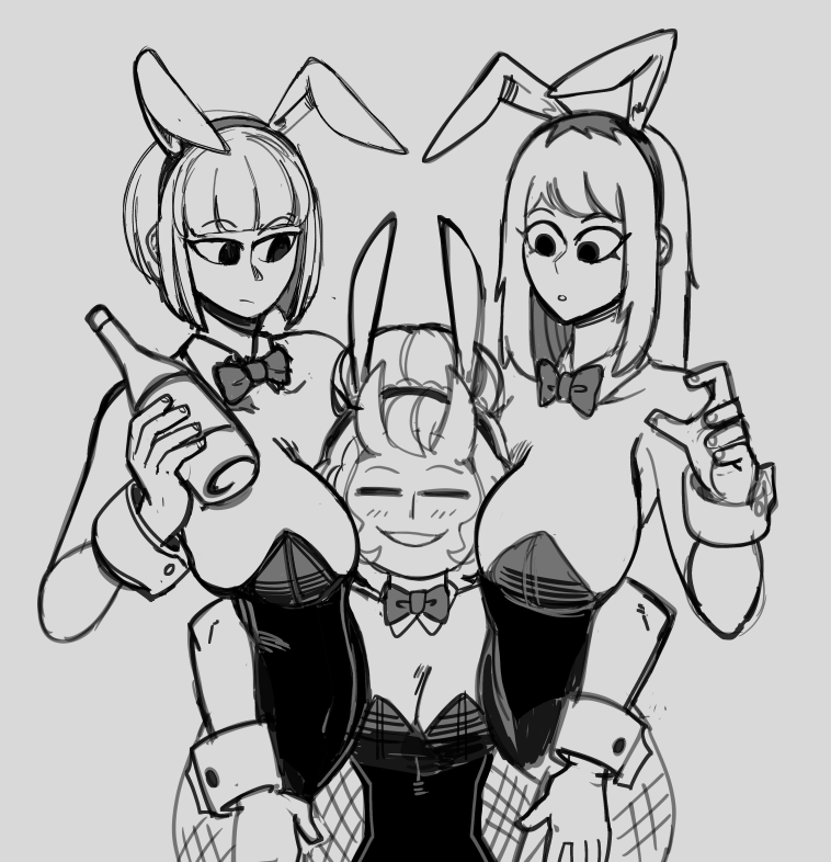 3girls big_breasts bowtie bunny_ears bunnysuit dally_(dyonite) demon_girl demon_horns face_between_breasts large_breasts parilya_(crabla) ragingbarbarians stockings terri_(ragingbarbarians)