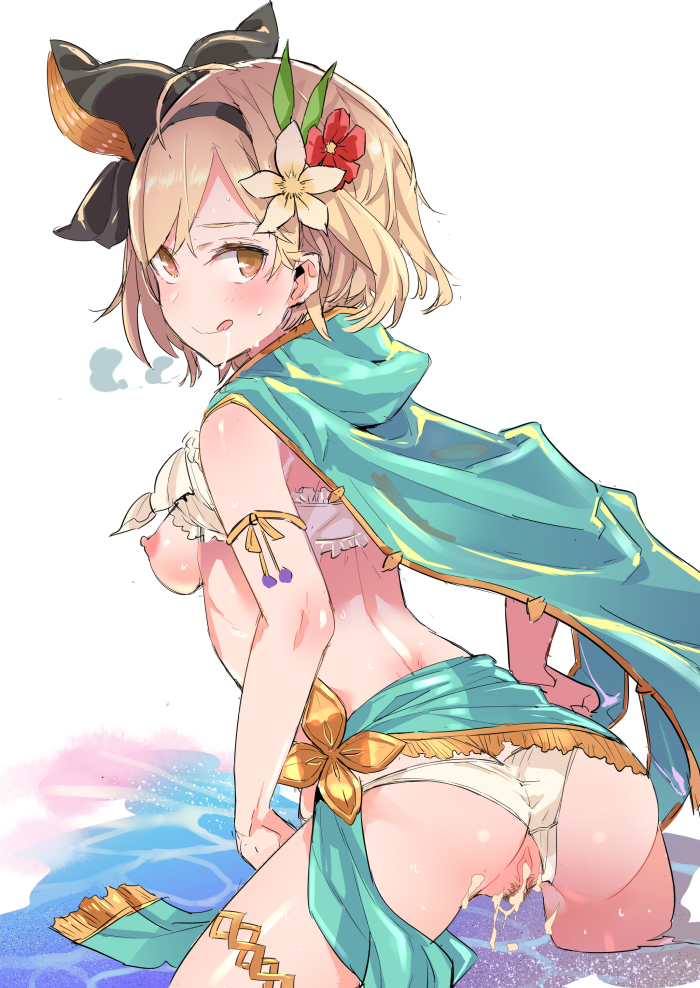 ass blonde_hair blush breasts cape cum cum_in_pussy djeeta_(granblue_fantasy) female flower granblue_fantasy hair_flower hair_ornament licking_lips looking_at_viewer medium_breasts nipples panties panties_aside pubic_hair pussy short_hair simple_background sketch solo standing tajima_ryuushi tongue tongue_out underwear white_panties yellow_eyes