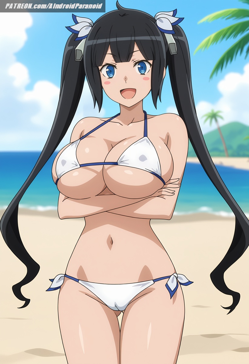 ai generated, aindroidparanoid, ass, beach, bikini, breasts, dungeon ni deai wo motomeru no wa machigatteiru darou ka, female, hestia (danmachi), huge ass, huge breasts