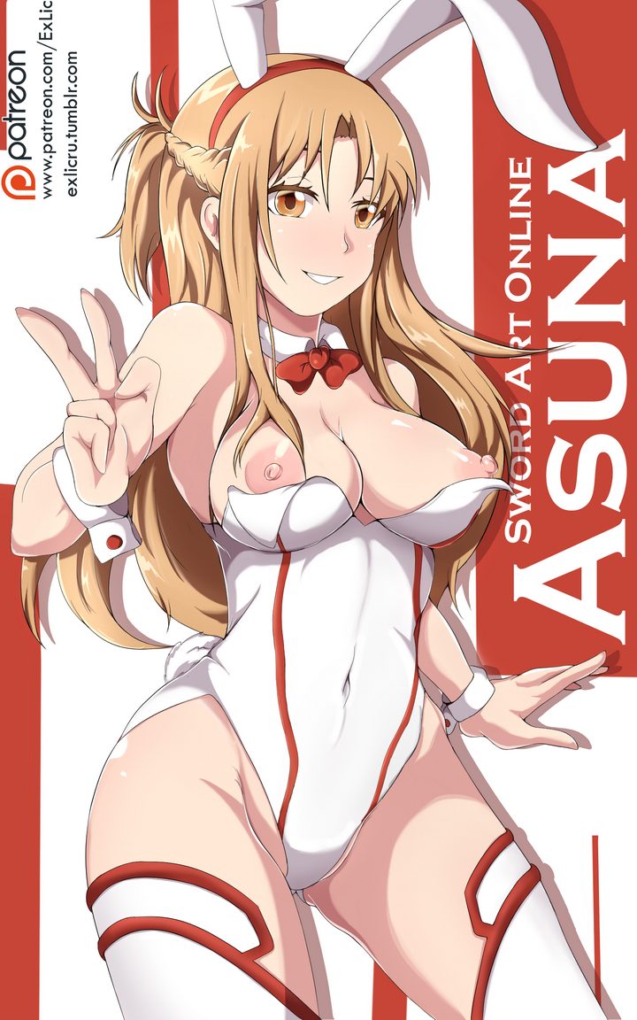 aincrad blush breasts bunny_ears bunny_suit exlic legwear nipples orange_hair sword_art_online yuuki_asuna