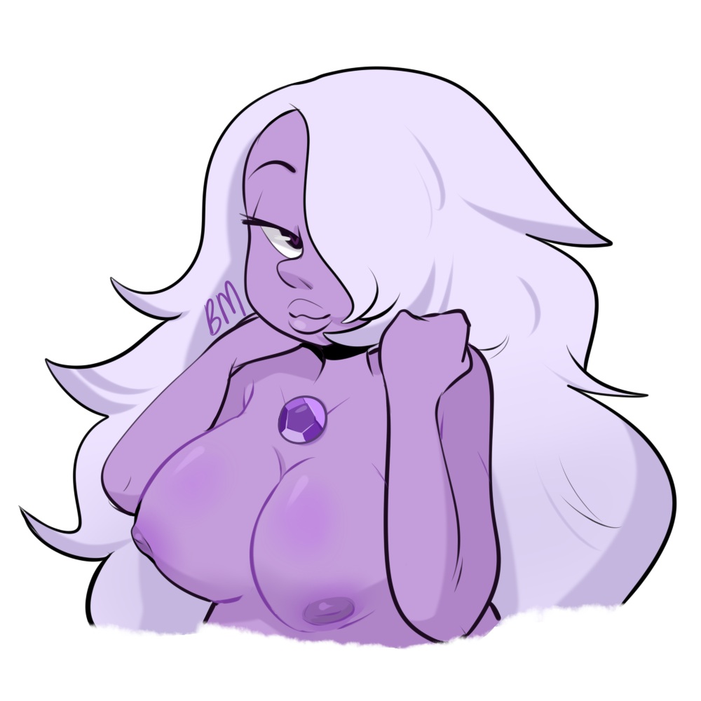 amethyst (steven universe), blushmallet, breasts, cartoon network, female, female focus, female only, gem (species), large breast, long hair, nipples, purple lips, purple skin, simple background, smooth skin, solo, steven universe, white background