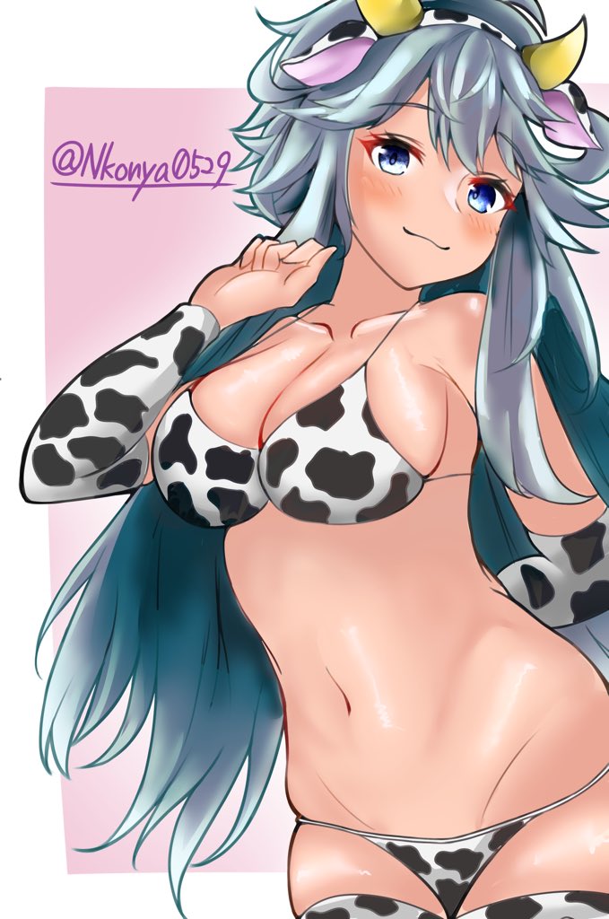 arm_behind_back blush cow_print_bikini detached_sleeves female grimms_notes hand_up large_breasts light_blue_hair lkong_hair navel nkonya princess_aurora_(grimms_notes) smile socks solo source_request