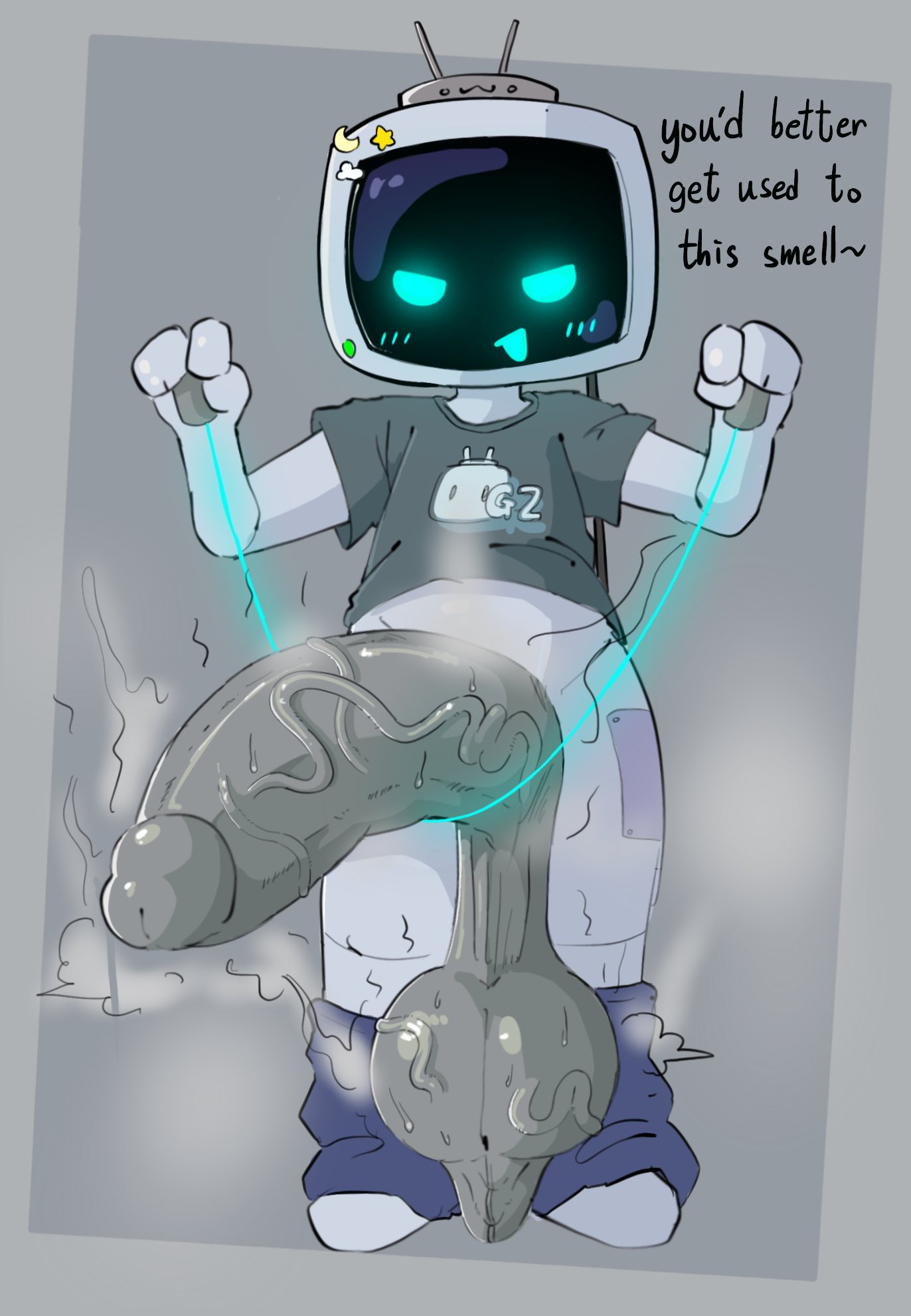 1boy, antennae (anatomy), anthro, balls, big ball, big penis, blue eyes, blue mouth, blue rope, blue shirt, blush, blushing, digital media (artwork), erect penis, erection, f d e i a, gay, glowing, gray background, gray body, gray penis, grey background, grey shirt, huge cock, humanoid, hyper penis, logo on clothes, male, male focus, male only, musk, musk clouds, musky, musky cock, oeeo, open mouth, original character, patch, penis, purple pants, robot, robot boy, robotic, simple background, solo, solo focus, solo male, square head, tagme, television, text, tv, tv head, tv screen, veins, veiny balls, veiny penis, yaoi