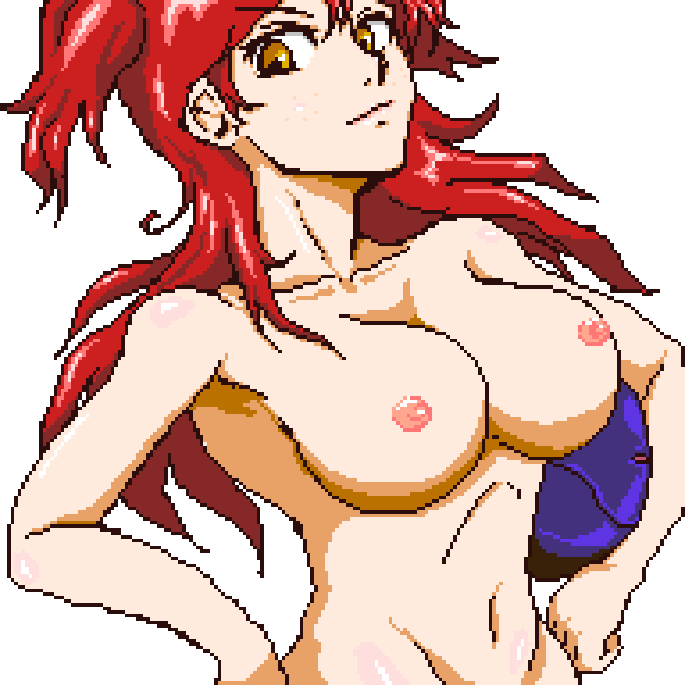 1girls armpit_peek ball beachball big_breasts breasts busty confident curvy female female_only freckles gundam hands_on_hips highres large_breasts legs long_hair looking_at_viewer navel nena_trinity nipples nude pixel_art pose posing red_hair smile thighs twintails voluptuous yellow_eyes