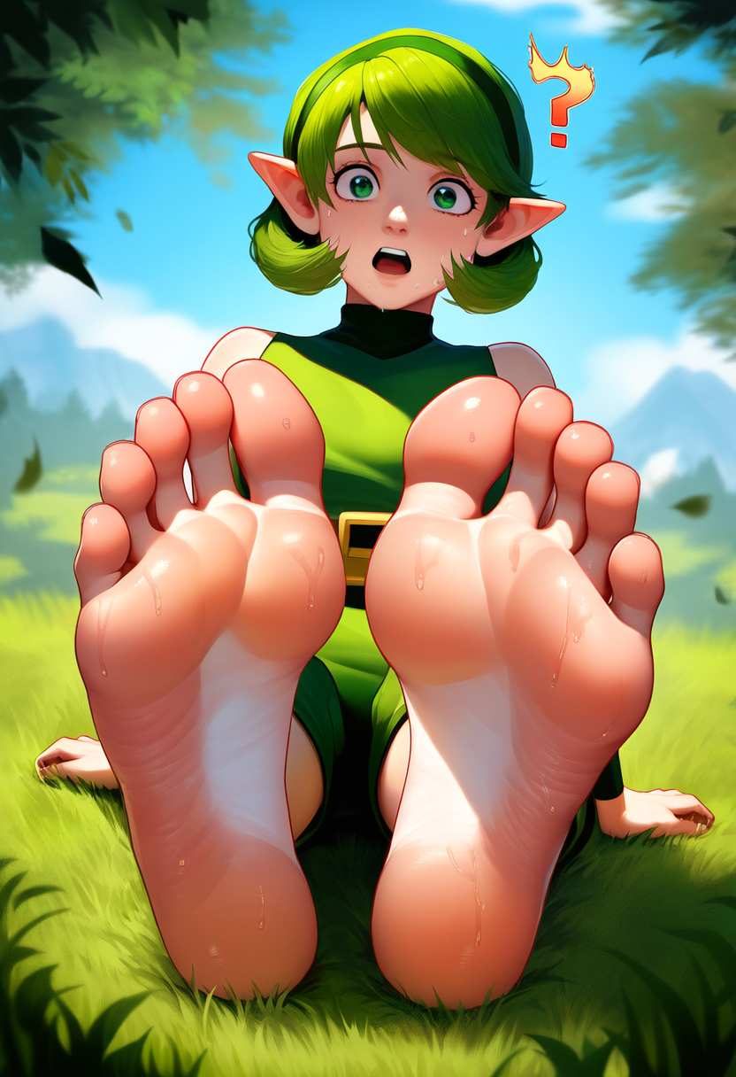 ai_generated barefoot blush clouds confused feet feet_together foot_fetish foot_focus green_eyes green_hair looking_at_viewer open_mouth outdoors pov_eye_contact pov_feet question_mark saria sitting soles su_whore_(artist) surprised surprised_expression sweat sweating sweaty sweaty_feet the_legend_of_zelda trees