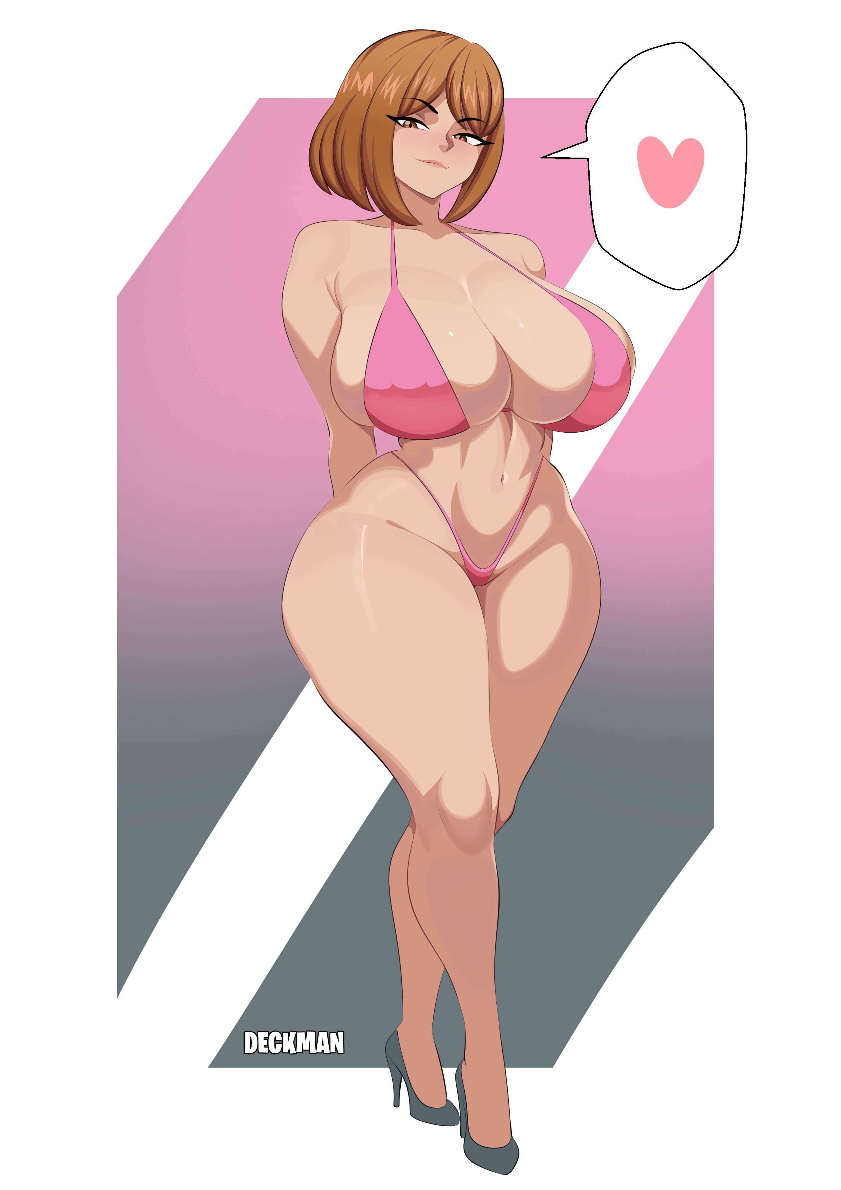 1girls, absurd res, bikini, boku no hero academia, breasts, brown eyes, brown hair, deckman, female, female focus, hi res, high heels, large breasts, light skin, light-skinned female, mrdeck, my hero academia, ochako uraraka, swimsuit, thick thighs, thighs, wide hips