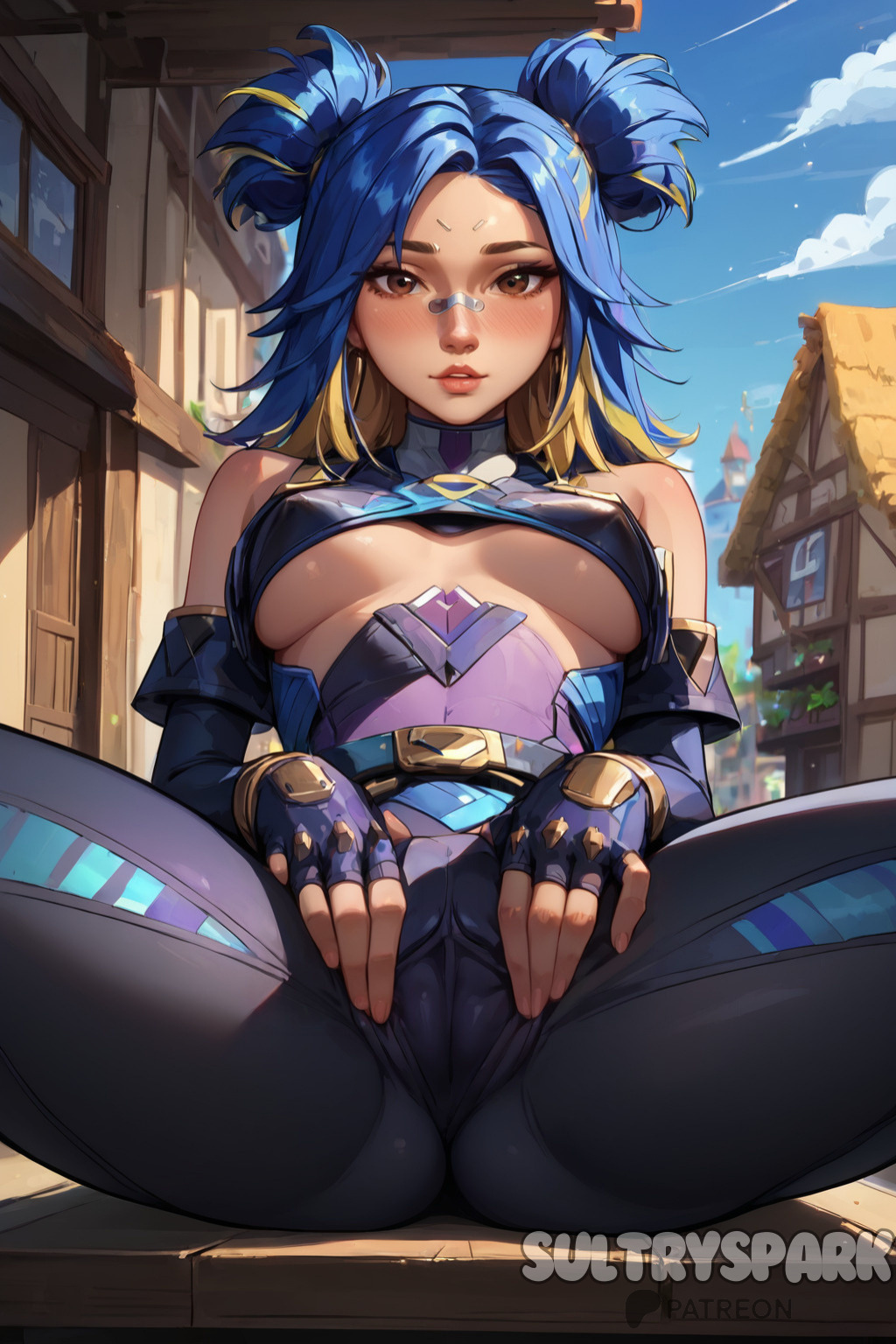 ai_generated bandaid_on_face bare_shoulders blonde_hair blue_hair breasts brown_eyes cameltoe day elbow_gloves female fingerless_gloves futarush gloves lips looking_at_viewer medium_breasts multicolored_hair neon_(valorant) outdoors parted_lips patreon patreon_username riot_games sitting sky solo spread_legs sultryspark underboob valorant