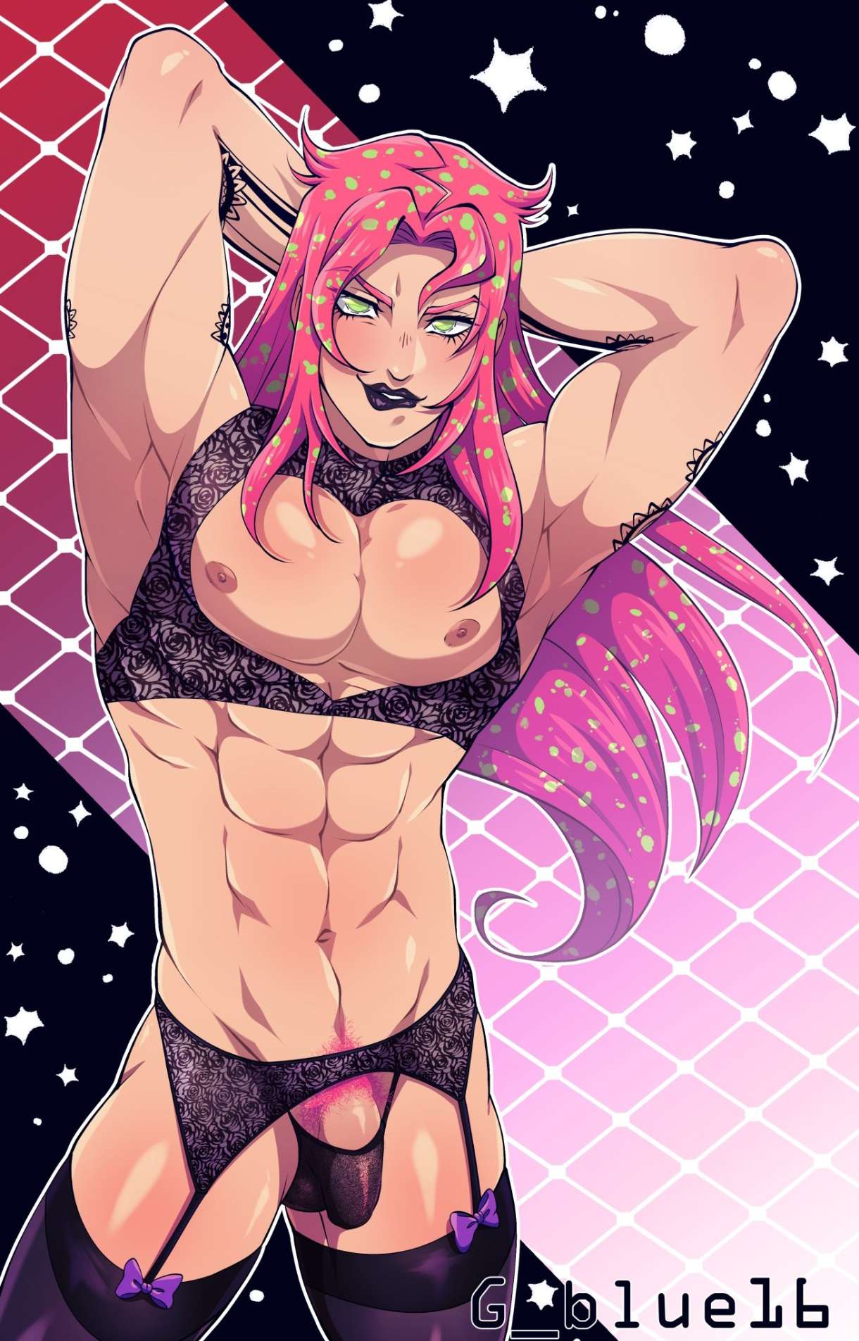 1boy 1man diavolo green_eyes jojo's_bizarre_adventure long_hair pink_hair solo