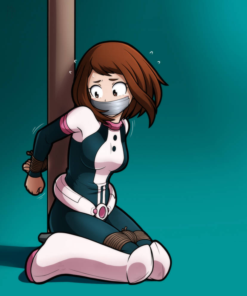 bondage bondage bound bound_arms crying crying_with_eyes_open female female_focus female_only gag gagged hero_outfit_(mha) human humanoid kneeling magnolia-baillon my_hero_academia ochako_uraraka ochako_uraraka_(hero_outfit) on_knees pole pole_tied restrained rope rope_bondage tape tape_gag taped_mouth tears text thick_thighs thighs tied_arms tied_up variant