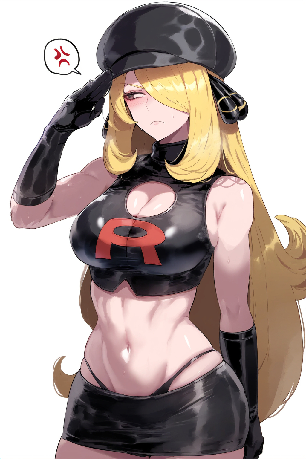 1girls anger_vein black_gloves black_skirt cleavage cynthia_(pokemon) defeated defeated_heroine gloves hat looking_to_the_side midriff miniskirt navel pokemon salute spoken_anger_vein team_rocket team_rocket_uniform thong