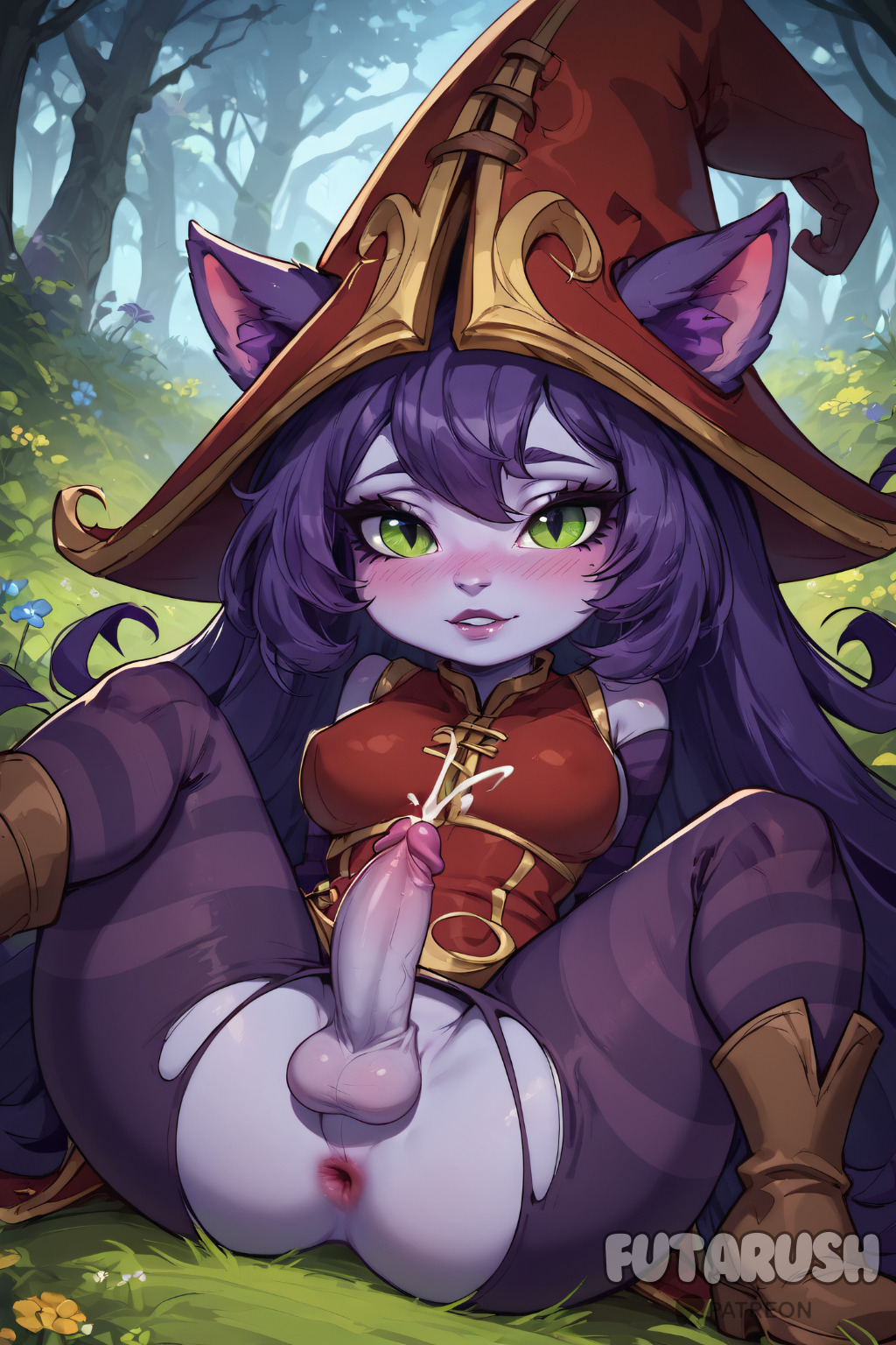 ai_generated animal_ears anus blush breasts brown_footwear erection flower futanari futarush green_eyes hat league_of_legends league_of_legends:_wild_rift long_hair looking_at_viewer lulu_the_fae_sorceress newhalf outdoors pantyhose patreon patreon_username penis purple_hair riot_games sitting solo spread_legs sultryspark testicles torn_clothes torn_legwear uncensored