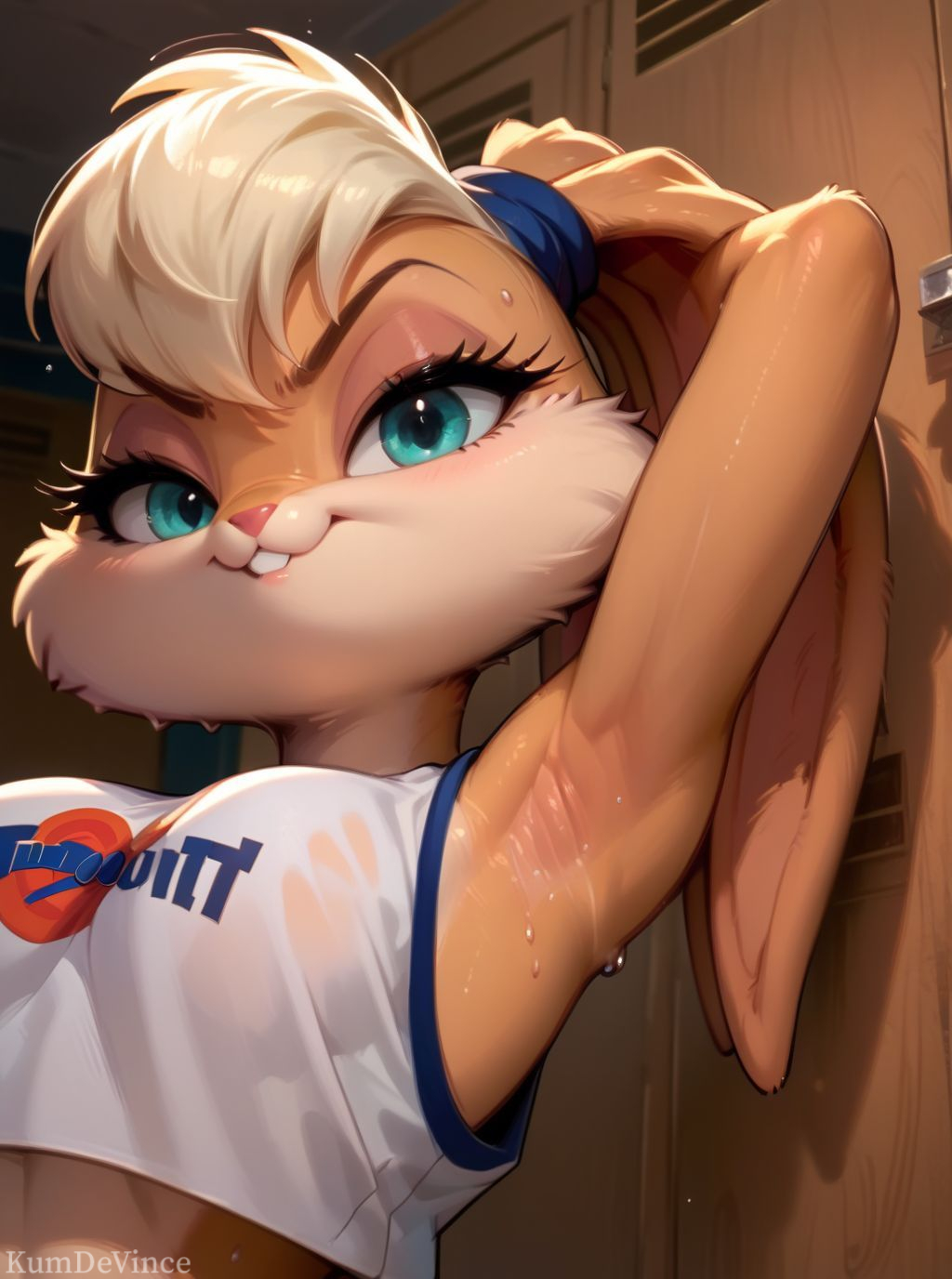 ai_generated animal_ears animal_nose anthro aqua_eyes armpit_pose armpits arms_behind_head arms_up basketball_uniform blonde_hair blue_eyes blush breasts clothing crop_top female fur furry furry_female indoors kumdevince lola_bunny looking_at_viewer looney_tunes mammal medium_breasts one_arm_up presenting_armpit shirt sleeveless smile smooth_armpits solo space_jam sweat upper_body wet