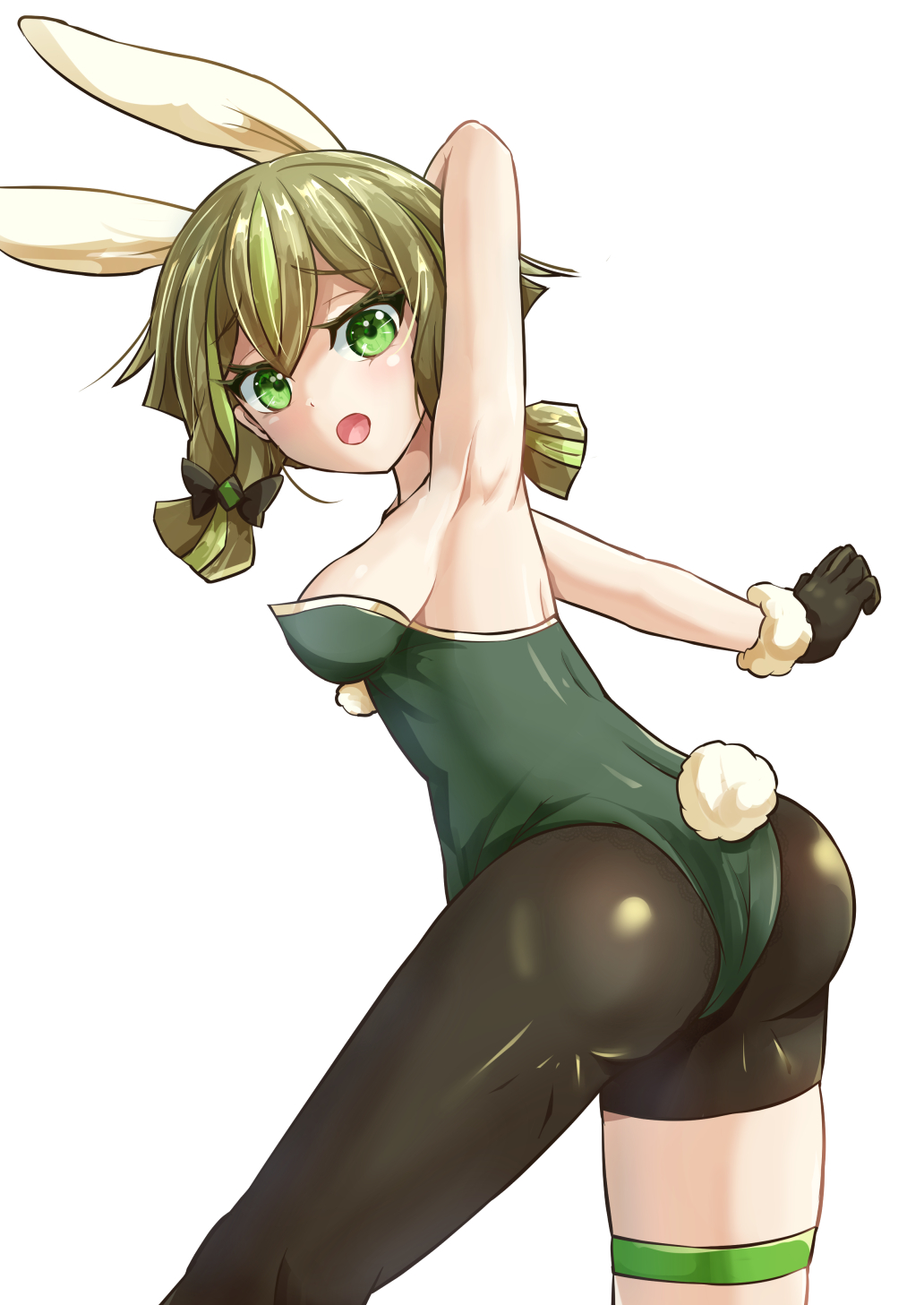 ass_focus bunny_ears bunny_tail bunnysuit duel_monster female gloves green_eyes green_hair hu-li_the_jewel_mikanko more_at_source tagme_(artist) two_tone_hair yu-gi-oh!