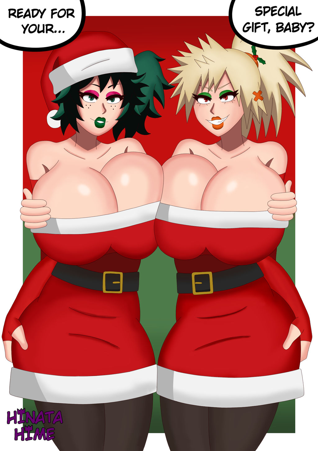 blonde_female blonde_hair christmas crimson_eyes female_bakugou female_deku fully_clothed green_eyes green_hair hinata-hime huge_breasts izuku_midoriya katsuki_bakugou lips lipstick my_hero_academia ponytail queen_hina red_eyes revealing_clothes santa_claus_(cosplay) santa_costume santa_hat socks tagme white_body white_skin