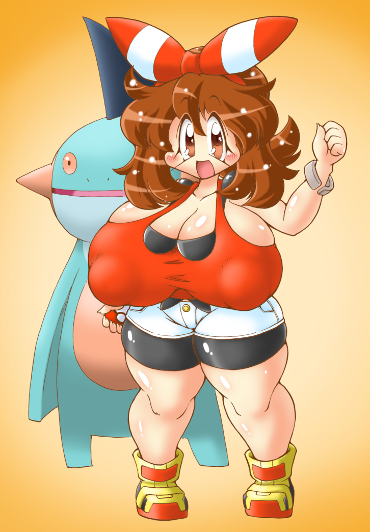 1girls big_hair breasts brown_eyes brown_hair cleavage eyelashes female female_focus female_only generation_3_pokemon hips huge_breasts human large_breasts looking_at_viewer may_(pokemon) pokemon pokemon_oras shortstack tamori_hataru thick_thighs thighs