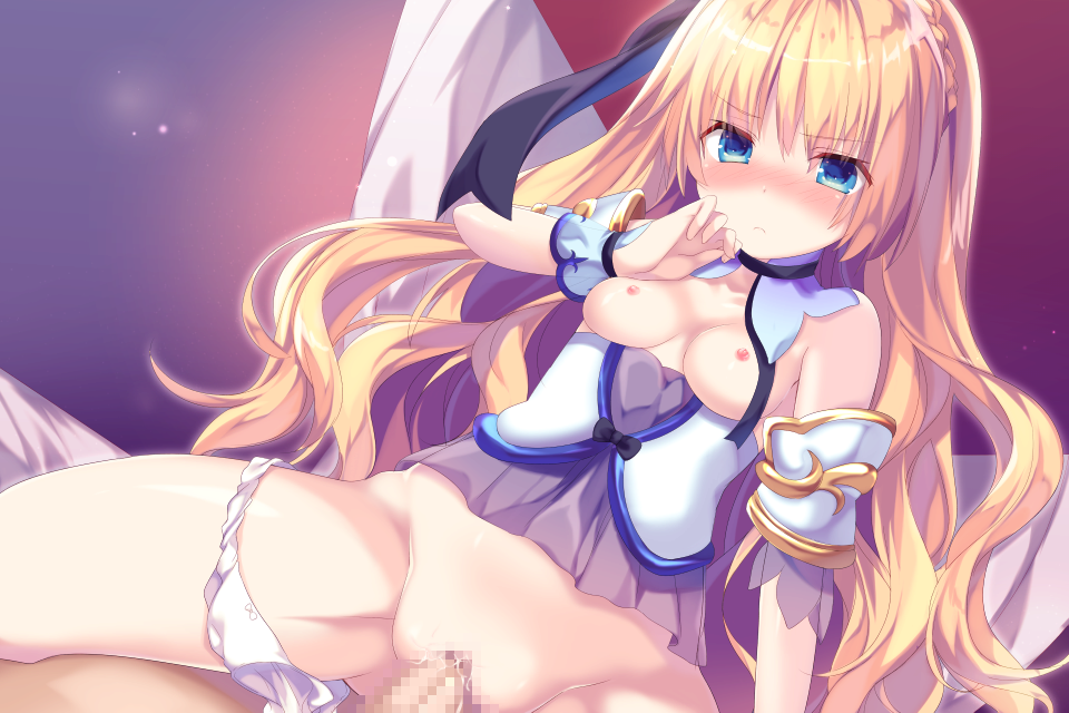 black_ribbon blonde_hair blue_eyes blush breasts breasts_out censored edelweiss_(flower_knight_girl) female flower_knight_girl frown game_cg hair_ribbon long_hair morinaga_kobato mosaic_censoring nipples official_art panties panties_around_one_leg penis ribbon sex solo_focus spread_legs underwear vaginal_penetration white_panties wrist_cuffs