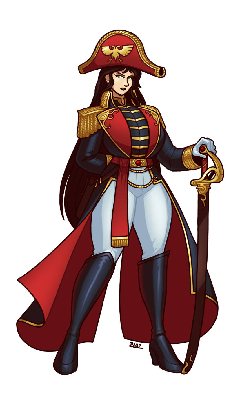 1girls admiral aquila_(symbol) arm_behind_back belt big_breasts big_hat black_hair black_lipstick blazbaros boots cape captain cloak crystal fancy fancy_clothing female female_only fully_clothed gem gemstone gloves gold_(metal) gold_clothes gold_clothing gold_trim green_eyes hand_behind_back hat imperium_of_man jewelry lipstick long_boots long_hair military_uniform noble noblewoman red_crystal red_gem red_gemstone ribbon rogue_trader rogue_trader_(video_game) royal royalty soldier solo solo_female solo_focus sword thick_thighs uniform warhammer_(franchise) warhammer_40k white_background wide_hips