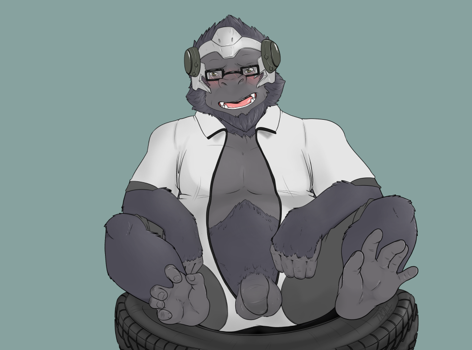 1boy anthro ape balls barefoot blush clothed clothing dialogue flaccid front_view gorilla haplorhine headphones humanoid_penis kaptcha legs_up looking_at_viewer male male_only mammal monkey monkey_boy monkey_feet open_clothes open_mouth open_shirt overwatch penis poking_out prehensile_feet primate shirt sitting solo spread_legs spreading uncut video_games winston_(overwatch)