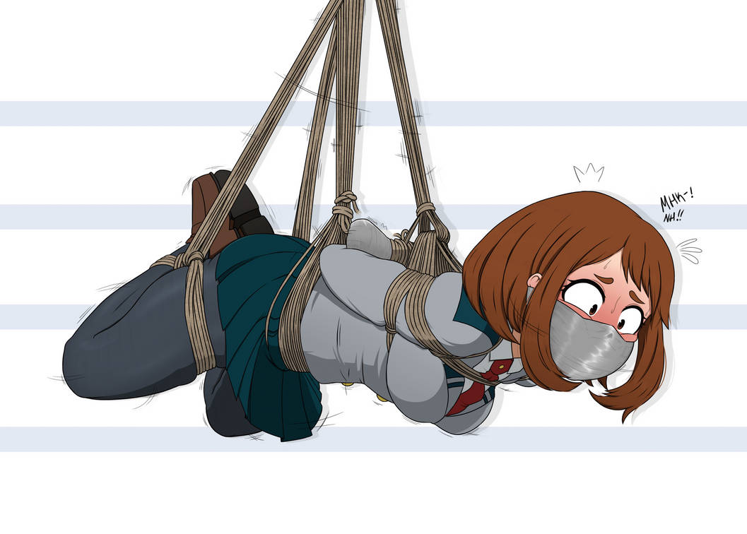 2022 2d 2d_(artwork) arms_behind_back bondage bondage bound breasts female female_focus female_only gag gagged gagged_female gagging human moaning my_hero_academia ochako_uraraka rope rope_between_breasts rope_bondage school_uniform schoolgirl skirt suspended suspended_in_midair suspension tape tape_gag taped_mouth thick_thighs thighs variant