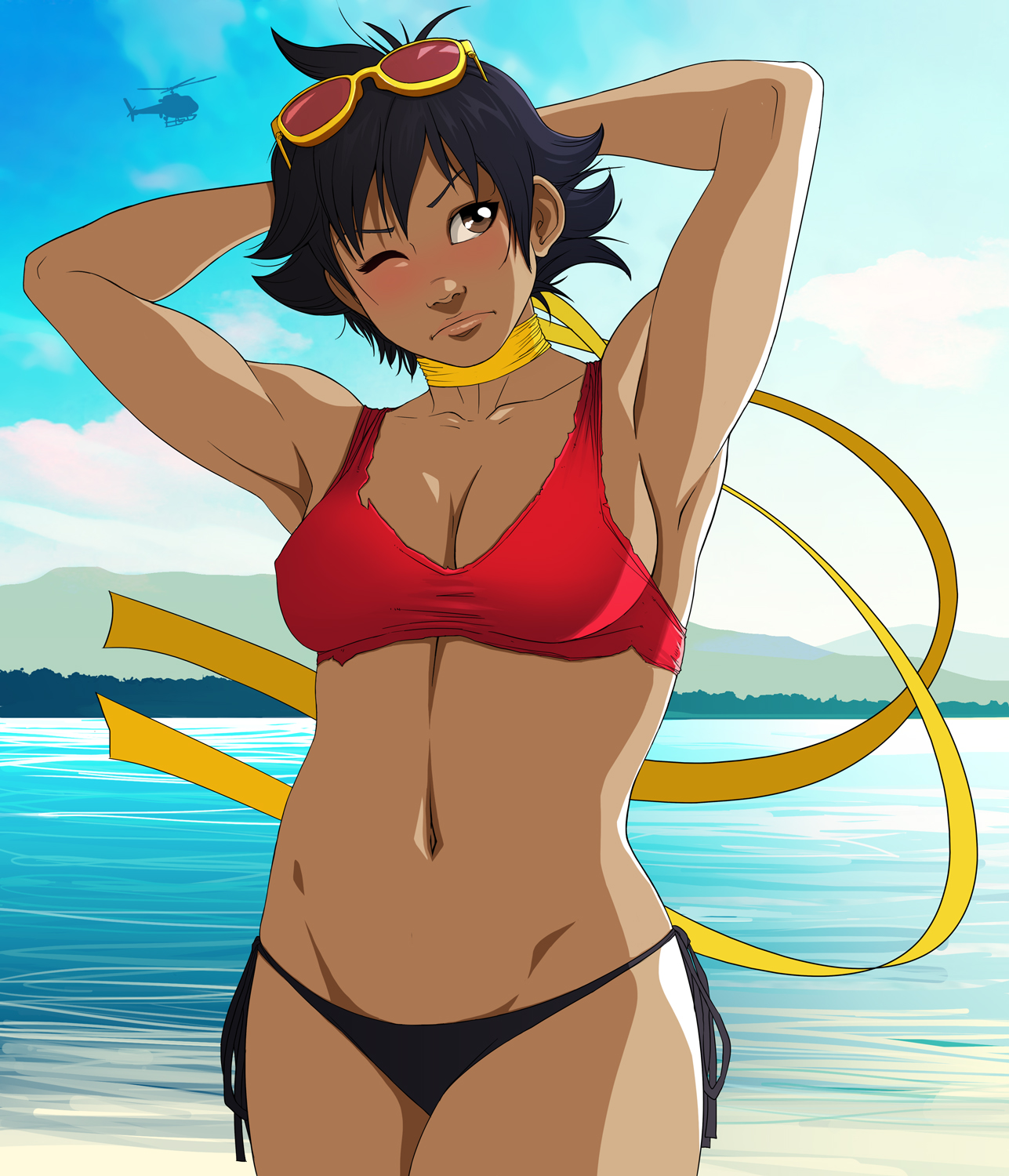1girls, asian, beach, bikini, blush, clothing, female, female only, makoto (street fighter), msperoni, short hair, solo, street fighter, tomboy, triplexmile