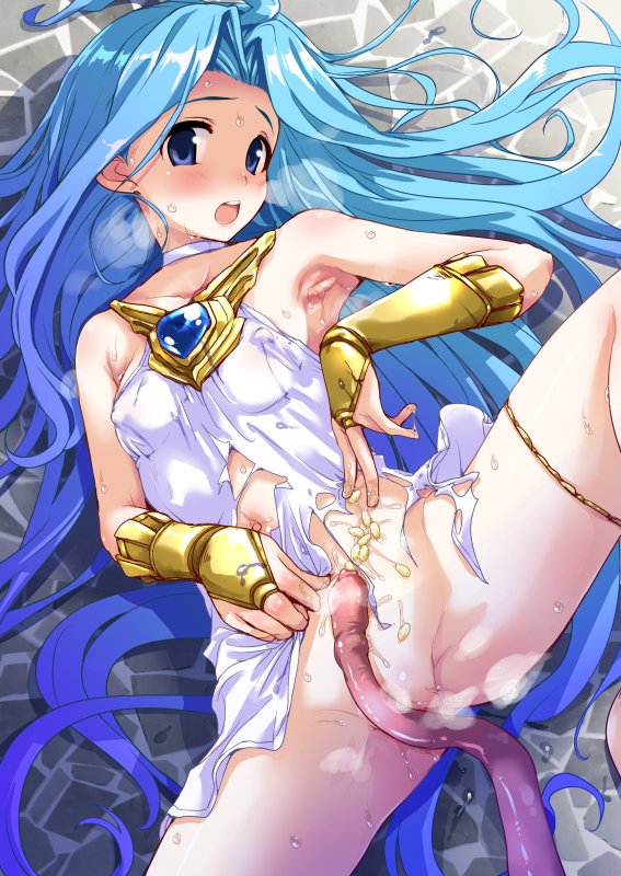 armpits ass blue_eyes blue_hair blush bottomless breasts breath bridal_gauntlets commentary_request covered_nipples female gloves gold_gloves granblue_fantasy hair_intakes hand_on_own_stomach hirowa_nagi jewelry long_hair lying lyria_(granblue_fantasy) navel on_back open_mouth pussy shirt sleeveless sleeveless_shirt slime_(substance) small_breasts spread_legs stomach tentacle thighlet thighs very_long_hair white_shirt