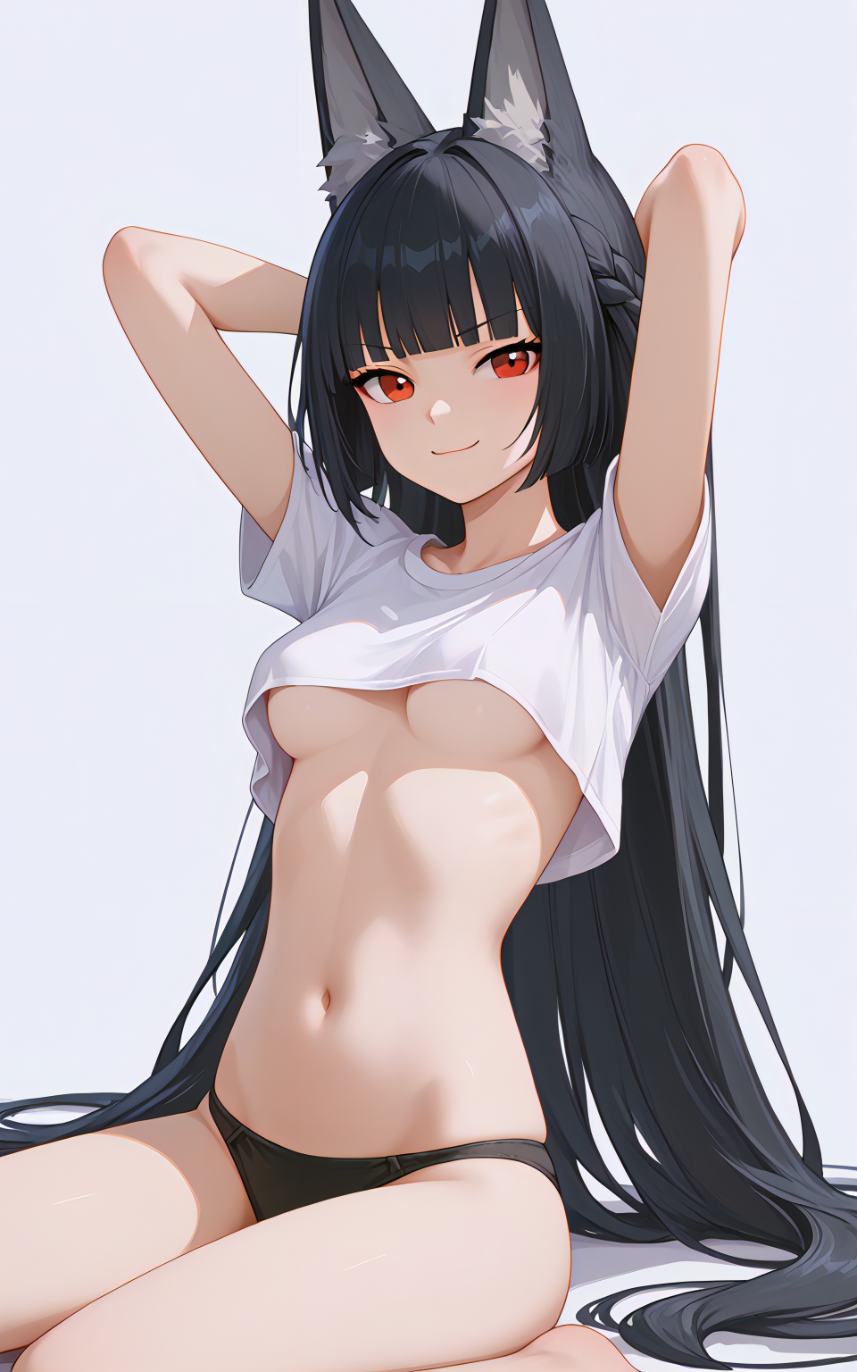 1girls ai_generated arms_up black_hair blank_background crop_top female female_only fox_ears fox_girl hi_res highres hime_cut hoshimi_miyabi long_hair looking_at_viewer medium_breasts midriff navel panties red_eyes sitting smile solo underboob zenless_zone_zero