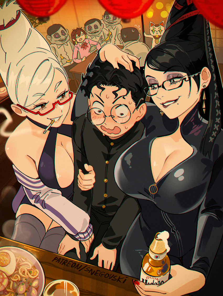 1boy 2girls ass ayase_momo ayase_seiko bayonetta bayonetta_(character) big_ass big_breasts big_penis big_tits couple_(romantic) crossover dandadan dark_skin demon_boy dominant_female horny_female impregnation kissing light-skinned_female light-skinned_male light_skin love milf mommy nerd nude romantic school_uniform slut_collar snegovski student takakura_ken_(okarun) vaginal_fluids younger_male