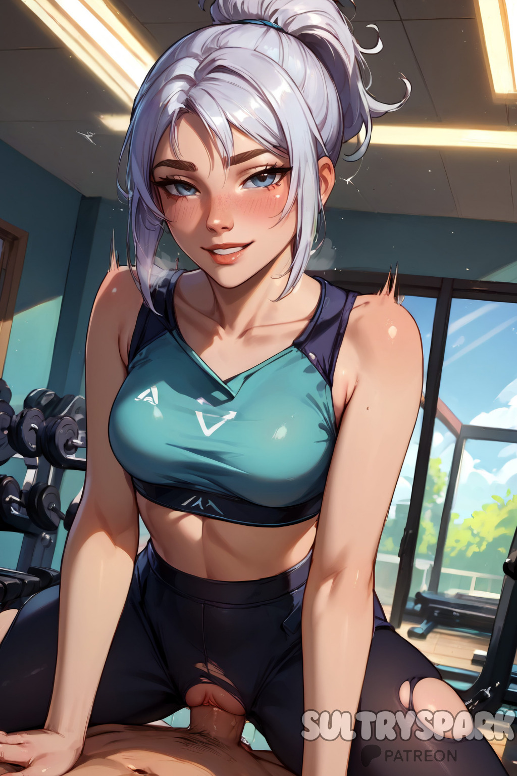 1boy ai_generated biting_lip black_thighhighs blue_eyes blue_shirt blush breasts clitoris clothed_sex cowgirl_position cowgirl_position erection female futarush gym indoors jett_(valorant) leotard lips looking_at_viewer medium_breasts parted_lips patreon patreon_username penis pov pussy riot_games sex shirt solo_focus spread_legs straddling straight sultryspark thighhighs torn_clothes uncensored vaginal_penetration valorant white_hair