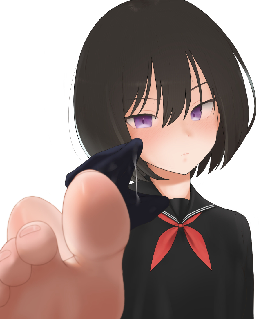 barefoot big_toes_rise black_hair black_sailor_collar black_serafuku black_shirt blush bob_cut closed_mouth commission cum cum_string feet female foot_focus foot_up hair_between_eyes looking_at_viewer maa_(maa1) medium_hair neckerchief original pixiv_commission purple_eyes red_neckerchief sailor_collar school_uniform serafuku shirt simple_background soles solo toenails toes white_background