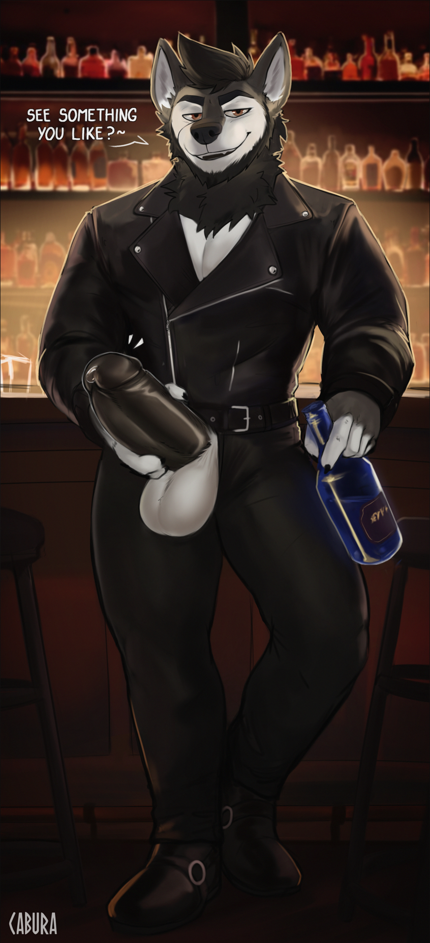 alcohol anthro balls beverage beverage_bottle bodily_fluids cabura canid canine canis clothing erection genital_fluids genitals hi_res holding_penis looking_at_viewer male mammal neck_tuft open_mouth open_smile penis precum presenting presenting_penis smile solo tuft wolf