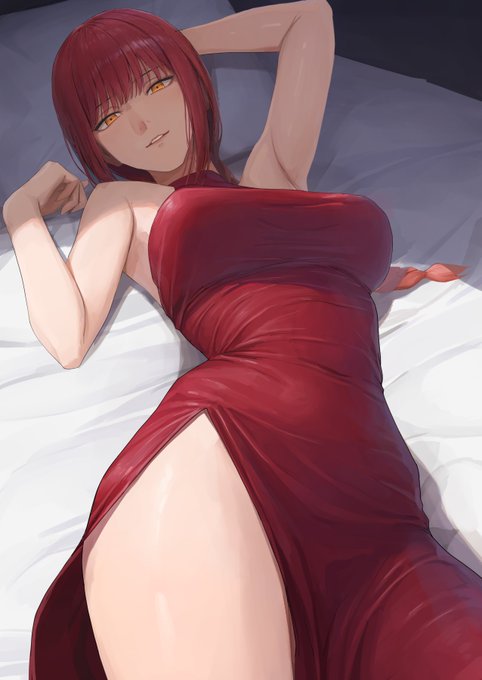 1girl ano_(gccx8784) arm_behind_head arm_up armpits bangs bare_shoulders braid braided_ponytail breasts chainsaw_man dress large_breasts long_hair looking_at_viewer lying makima_(chainsaw_man) on_back on_bed parted_lips red_dress red_hair ringed_eyes side_slit sidelocks sirimof sleeveless sleeveless_dress smile solo thighs yellow_eyes