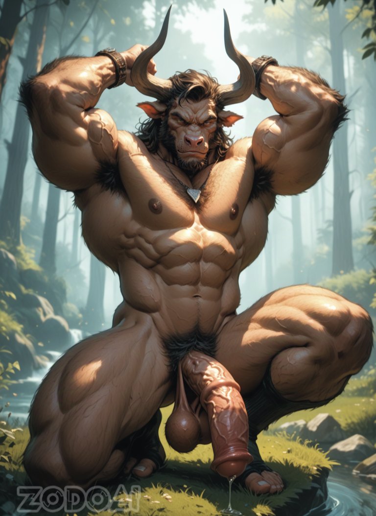 1boy abs ai_generated anthro arm_hair armpit_hair armpits bara big_balls big_muscles big_nipples big_pecs big_penis bovine bovine_penis brown_fur brown_hair chest_hair daddy dilf gay hair hairy hairy_balls hairy_male horn huge_balls huge_cock huge_muscles hunk male male_only minotaur muscular muscular_anthro muscular_male navel necklace nipples nude pecs penis pubic_hair solo zodoai