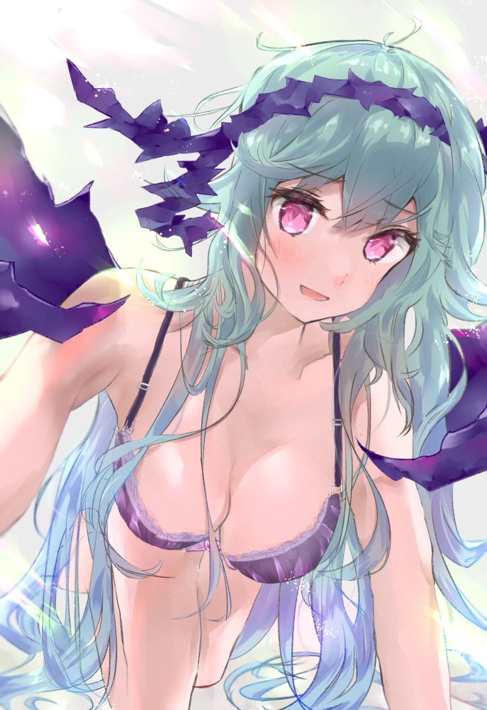 big_breasts chaos_aurora_(grimms_notes) female grimms_notes large_breasts leaning_forward light_blue_hair lingerie long_hair neko_nasu on_bed open_mouth protected_link red_eyes smile solo thorns