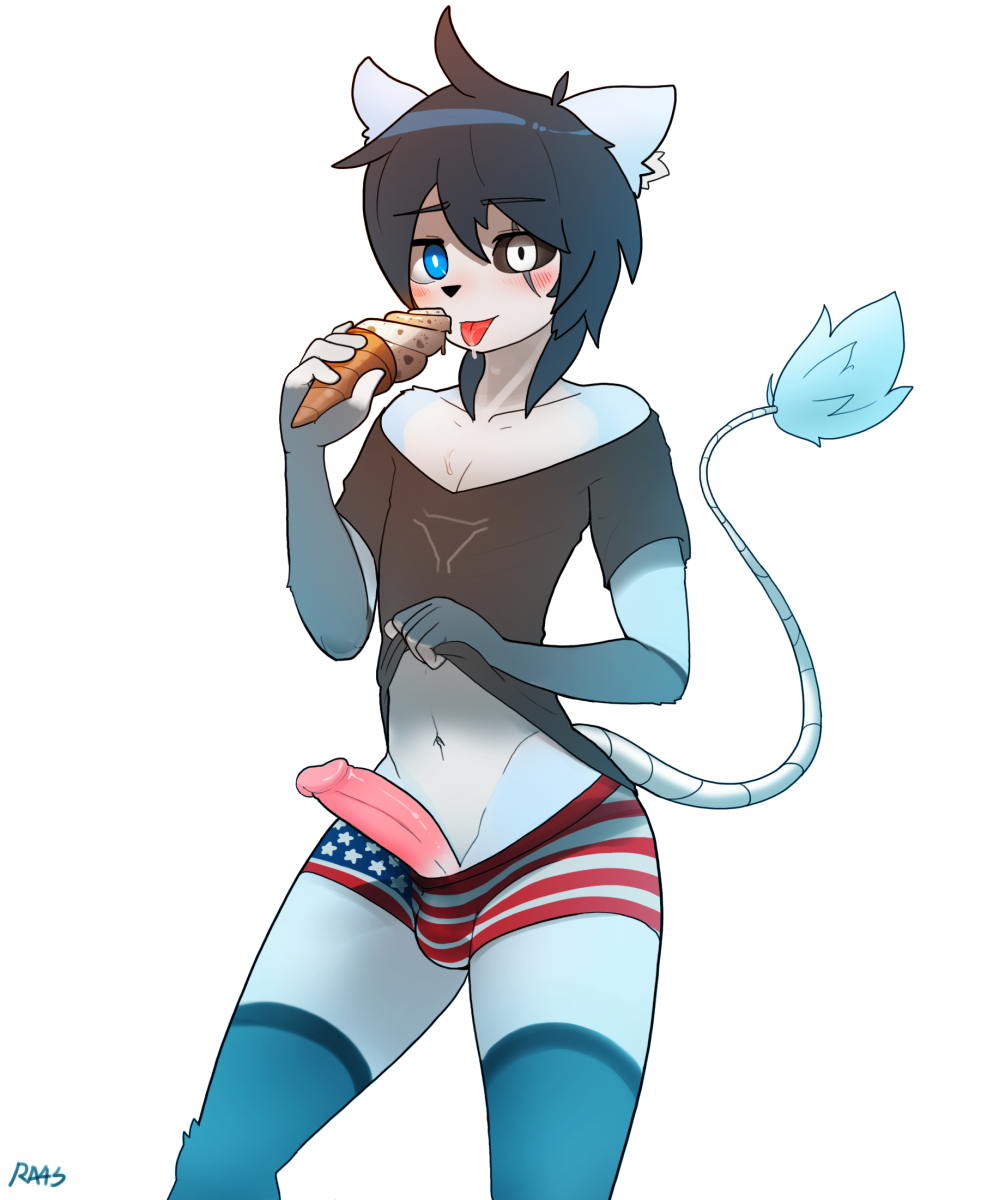 1boy american_flag american_flag_bikini bandage black_sclera blush clothed clothing clothing_lift dessert feline femboy flashing food frosh furry furry_only ice_cream male male_only mammal penis public ra4s saliva shirt shirt_lift shorts shy solo