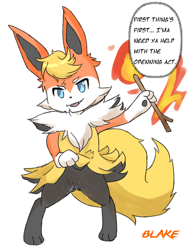 anthro blaketheflareon blaketheflareon_(character) blue_eyes braixen canine eeveelution female fire flareon fox fur furry hybrid looking_at_viewer mammal nintendo pokémon_(species) pokemon pokemon_(species) pussy rule_63 semi-anthro speech_bubble text video_games wet