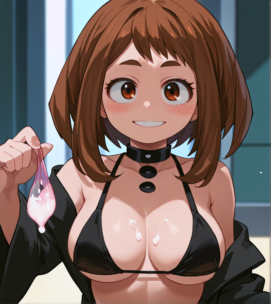 ai_generated bikini blush boku_no_hero_academia choker condom cum_on_breasts holding_used_condom looking_at_viewer my_hero_academia ochako_uraraka smile tagme uraraka_ochako used_condom