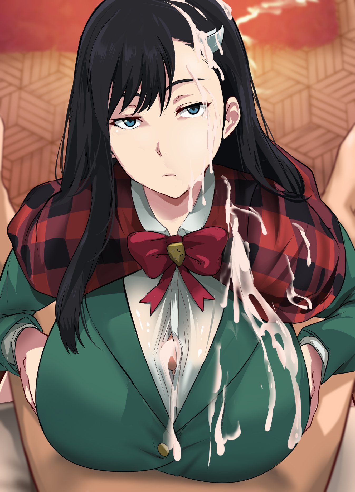 1boy after_ejaculation black_hair blue_eyes bow bowtie breasts burn_the_witch cafekun censored closed_mouth cum cum_on_body cum_on_breasts cum_on_clothes cum_on_hair expressionless facial female green_jacket green_shirt hair_ornament highres jacket large_breasts long_hair long_sleeves looking_at_viewer mosaic_censoring niihashi_noel paizuri paizuri_under_clothes penis pov red_bow red_bowtie shirt solo_focus