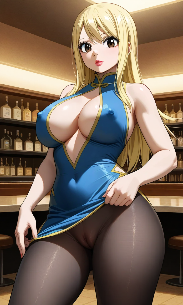 ai_generated big_breasts blonde_hair brown_eyes cameltoe dress_lift erect_nipples_under_clothes eyebrows eyelashes eyeliner eyeshadow fairy_tail large_breasts lipstick long_hair looking_at_viewer lucy_heartfilia pantyhose restaurant solo_female waifufamily