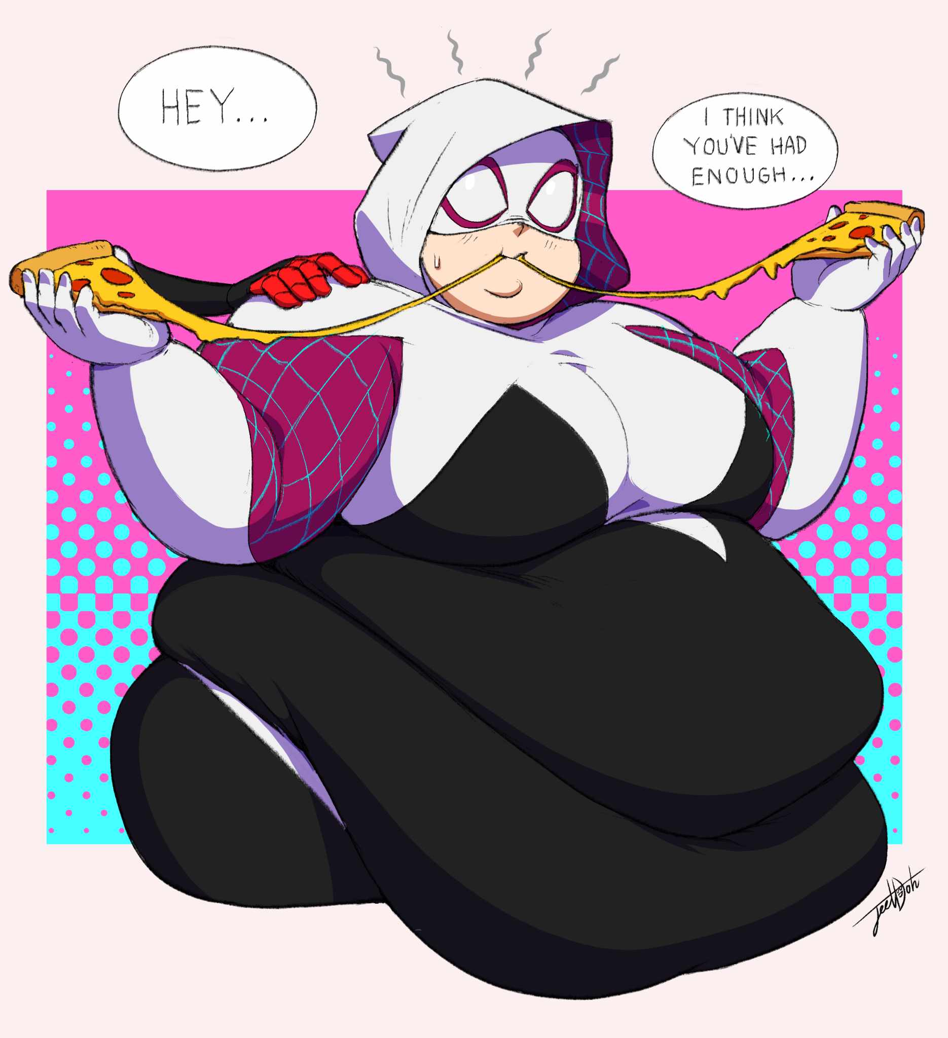 1boy 1girls bbw eating eating_food fat female female_focus female_only hand_on_shoulder jeetdoh marvel marvel_comics miles_morales obese obese_female overweight overweight_female pizza spider-gwen spider-man spider-man_(series) spiderverse ssbbw white_background