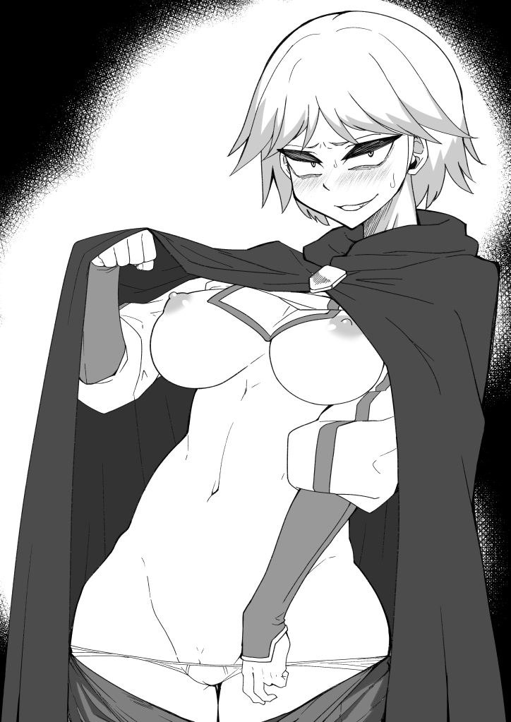 1girls big_breasts blush_lines cape eyebrows_behind_hair female female_only grabbing_underwear large_breasts monochrome neia_baraja overlord_(maruyama) sanpaku_eyes short_hair solo thick_eyelashes vagina zeiminarai