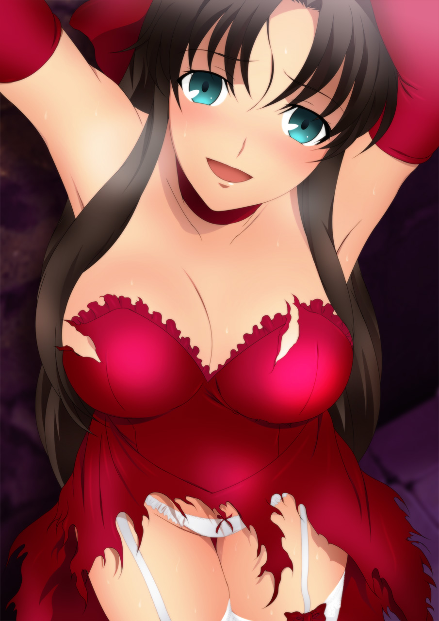 blue_eyes blush brown_hair cleavage fate/stay_night fate_(series) female garter_straps large_breasts long_hair looking_at_viewer pointy_chin smile thighhighs thighs tohsaka_rin torn_clothes white_panties yadokari_genpachirou