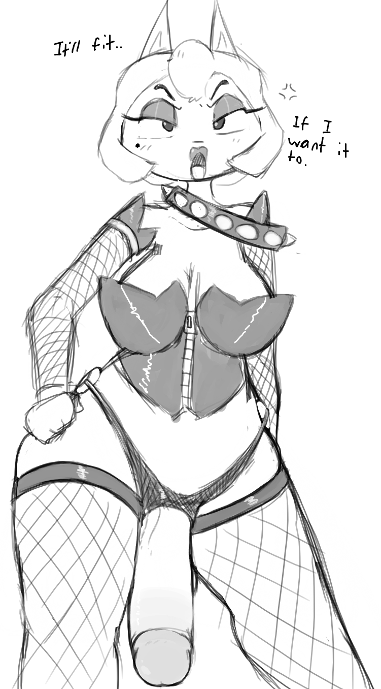 animal_crossing anthro anthrofied collar dialogue dickgirl fishnet flaccid futa_only futanari intersex makeup monique_(animal_crossing) monochrome nintendo penis roy_mccloud sketch solo_futa spiked_collar spikes text video_games