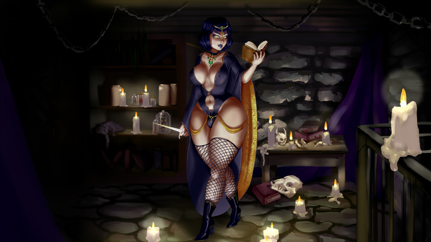 1futa, alma (tales of androgyny), breasts, bulge, cleavage, curvy, erect nipples, flaccid, futa only, futanari, huge breasts, intersex, majalis, nipple bulge, nipples, panties, panty bulge, penis, penis in panties, penis under clothes, solo, tales of androgyny, warlock