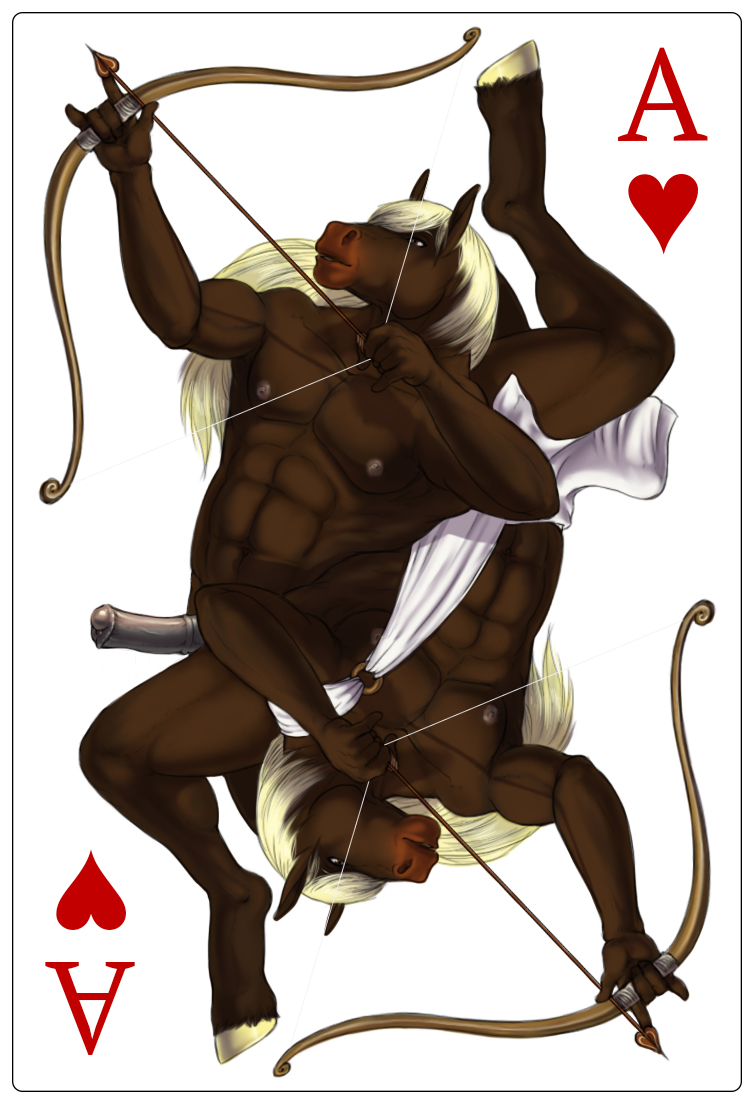 1boy 2016 5_fingers abs ace_of_hearts animal_genitalia animal_penis anthro arrow biceps big_penis bow_(weapon) brown_fur card cupid equine equine_penis erection fur hair heart holding_object holding_weapon hooves horse horsecock long_hair male male_only mammal medial_ring muscular muscular_male nipples nude pecs penis playing_card ranged_weapon rov saorsa simple_background solo suit_symbol weapon white_background white_hair